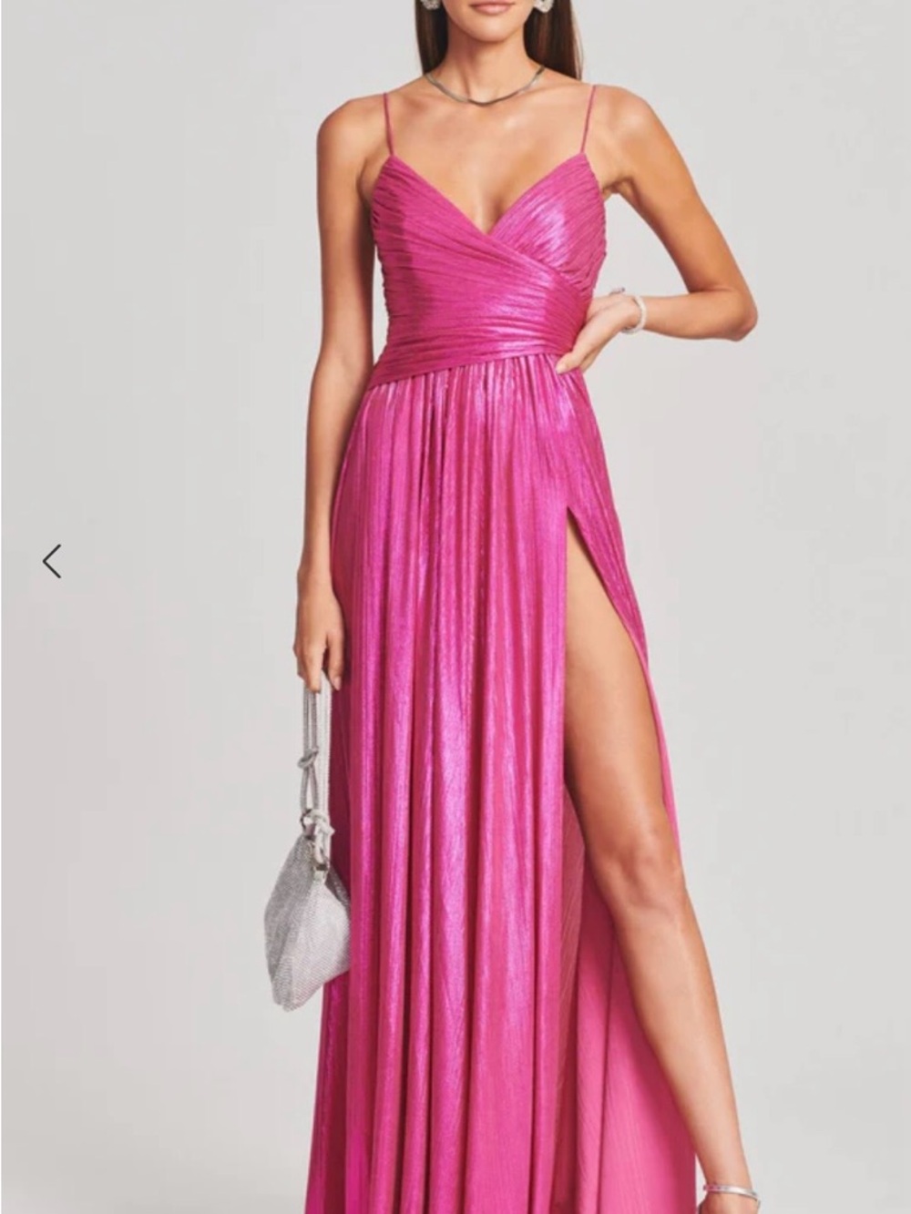 Retrofete Metallic Fuchsia Pink Pleated Maxi Dress with High Slit